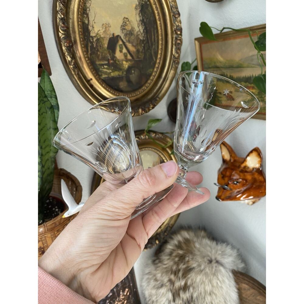 Vintage 1950s Etched Cordial Glasses Short Stem Clear 4 oz Wheat And Stars Set